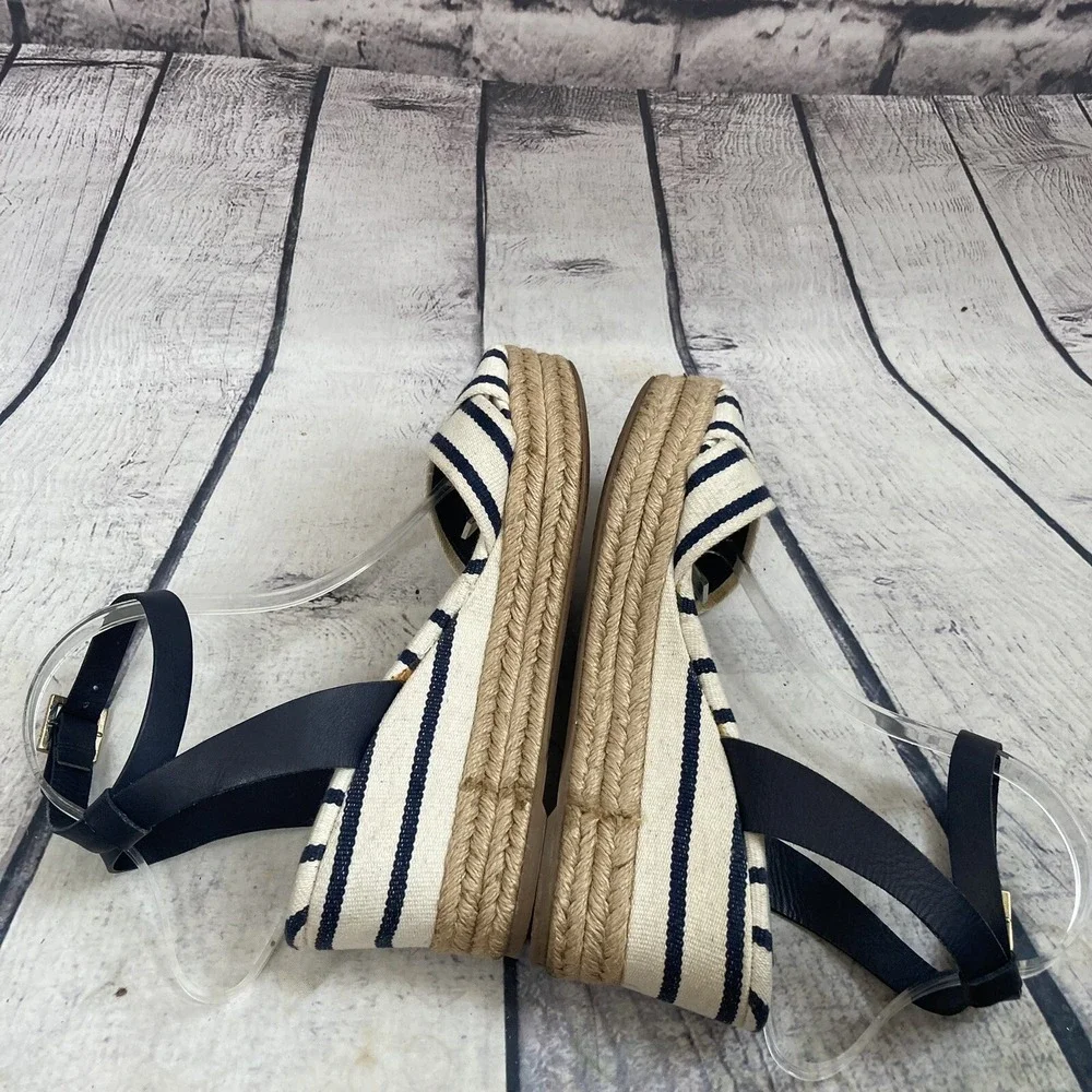 Tory Burch Sandal Women sz 10B Leather Striped Espadrille Blue Ivory Ankle Strap